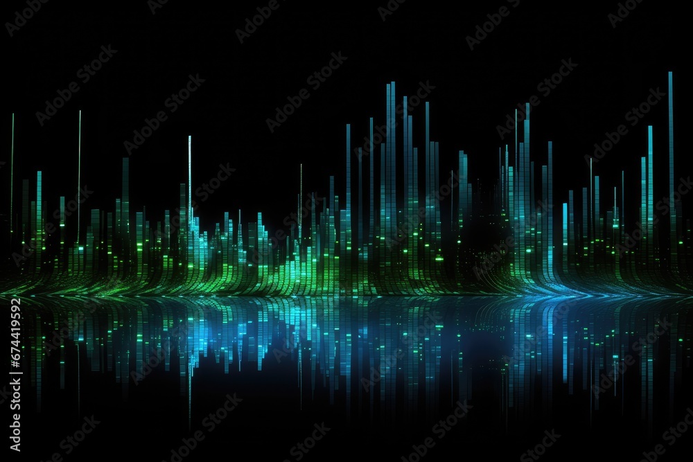 Futuristic technology wave background design with lights and speed motion lines, Modern technology wallpaper and blue and green binary sound waves on Black background, AI Generated