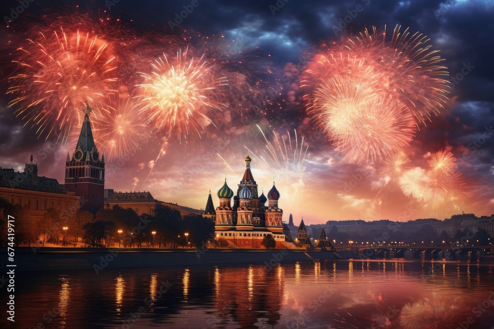 Obraz na płótnie Fireworks over the Kremlin and St. Basil's Cathedral, Moscow, Russia, moscow fireworks, AI Generated w salonie