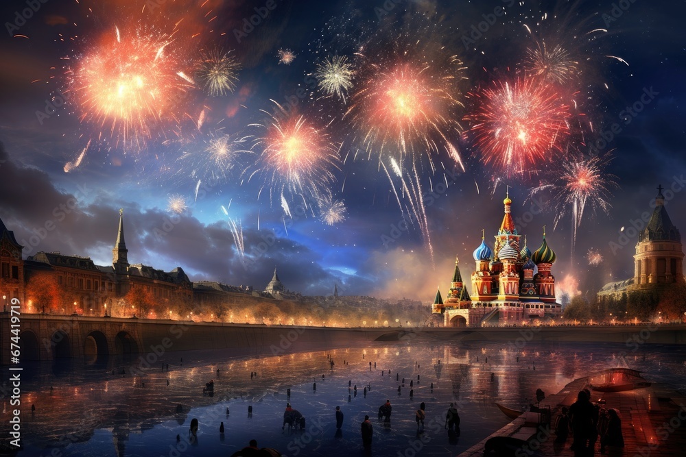 Fototapeta premium Fireworks over the Moscow Kremlin and St. Basil's Cathedral, Russia, moscow fireworks, AI Generated
