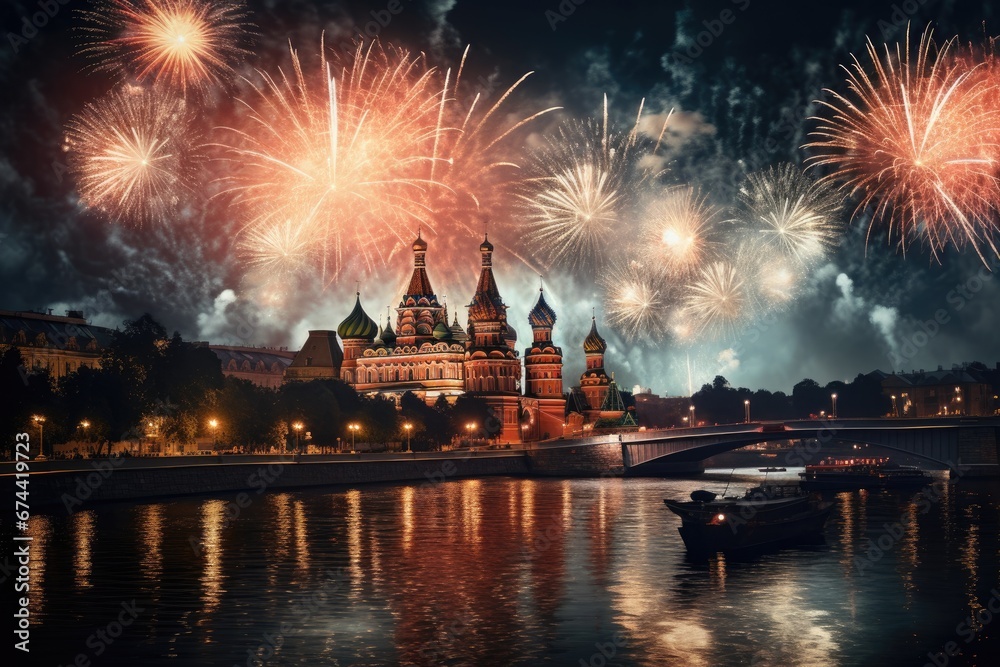 Obraz na płótnie Fireworks over the Kremlin and the Spasskaya Embankment, Moscow, Russia, moscow fireworks, AI Generated w salonie