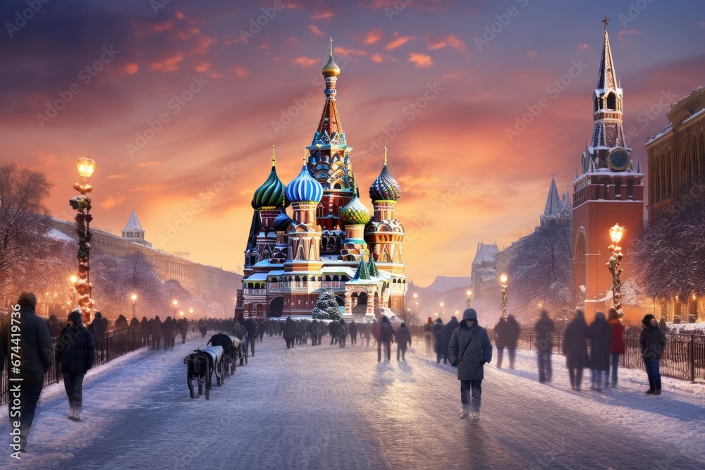 St. Basil's Cathedral on Red Square in Moscow, Russia, Moscow, Russia, Red square, view of St. Basil's Cathedral, Russian winter, AI Generated - obrazy, fototapety, plakaty 