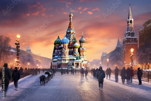 St. Basil's Cathedral on Red Square in Moscow, Russia, Moscow, Russia, Red square, view of St. Basil's Cathedral, Russian winter, AI Generated photo