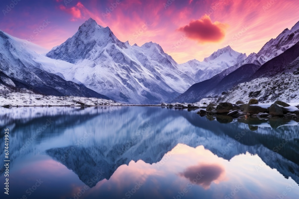 Mountain lake in Himalayas at sunset, Nepal, Asia, Mountain lake with perfect reflection at sunrise. Beautiful landscape with purple sky, snowy mountains, hills, fog over the lake, AI Generated