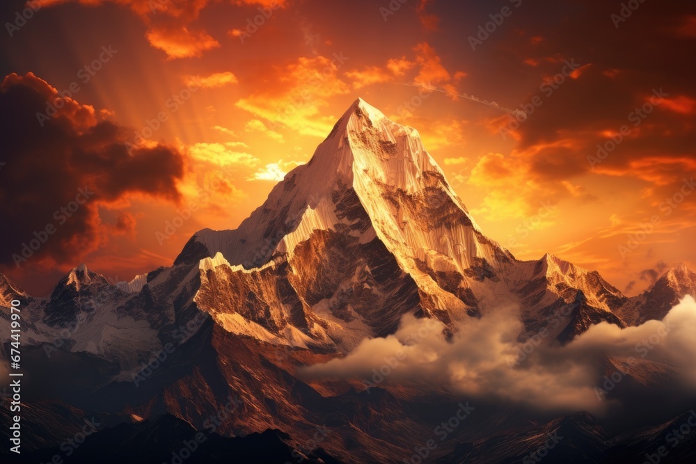 Beautiful sunset in the Himalayas, Nepal. 3D rendering, Mountain landscape at sunset in Himalayas, Nepal, Asia, AI Generated