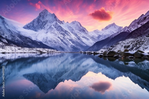 Mountain lake in Himalayas at sunset, Nepal, Asia, Mountain lake with perfect reflection at sunrise. Beautiful landscape with purple sky, snowy mountains, hills, fog over the lake, AI Generated © Iftikhar alam