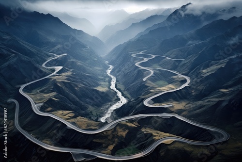 Beautiful mountain landscape with a river in the middle of the valley, Mountain Pass, Mountains windy roads, aerial view, AI Generated photo