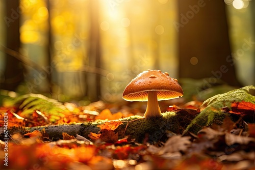 Mushroom in autumn forest. Beautiful nature scene with mushrooms, mushroom in the autumn HD 8K wallpaper Stock Photographic Image, AI Generated