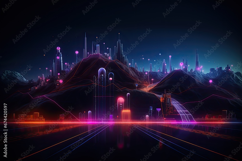 Fototapeta premium Futuristic cityscape with neon lights, 3d rendering digital illustration, Neon color roadmap, street, dark background with goals, AI Generated