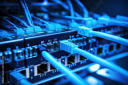 Fiber Optic cables connected to an optic ports in data center, Network cables connected into switches. Ethernet router in data center. Digital information transmission equipment, AI Generated photo