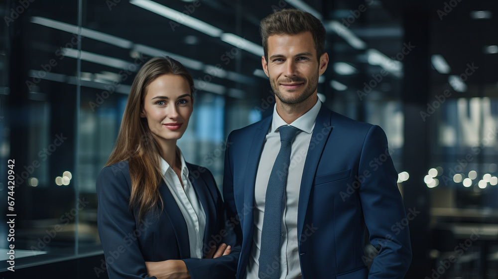 Business couple in formal clothes are smiling in the office Business couple in formal clothes are smiling in the office