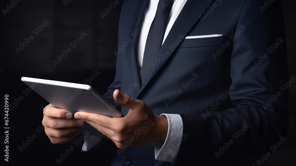 Businessman in formal clothes is standing and holding the tablet in hands Businessman in formal clothes is standing and holding the tablet in hands