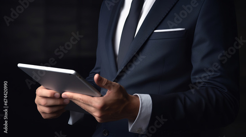 Businessman in formal clothes is standing and holding the tablet in hands