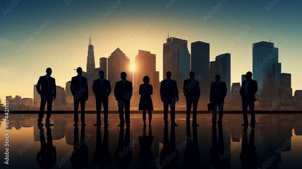 Silhouettes of business people that are against modern city buildings at evening time