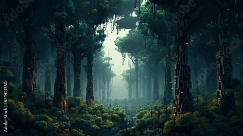 A digital forest of pixelated trees, their branches reaching out in a pixel art wonderland. © Habib