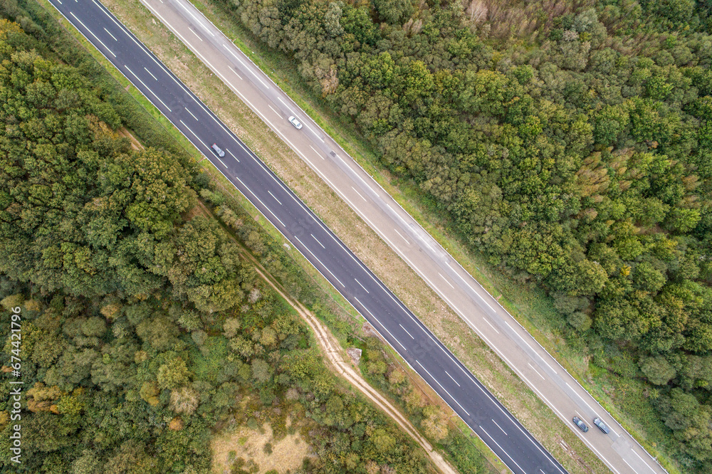 zenithal aerial view with drone of the A-52 highway in Galicia, Spain.