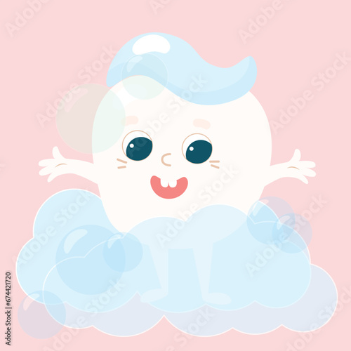 A small healthy baby tooth with toothpaste on top. The tooth smiles happily. Care and health of children's teeth.