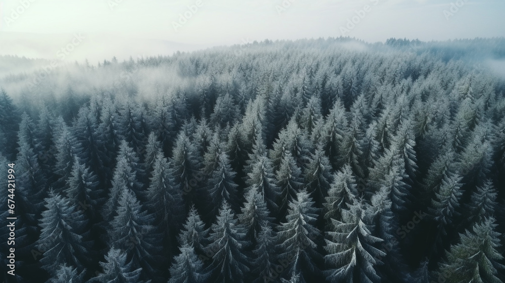 Fototapeta premium Natural winter landscape aerial drone top view.. Winter season weather