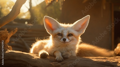 A Fennec Fox basking in the warm sunlight  its fur glowing in the morning light.