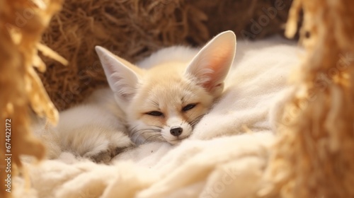 A Fennec Fox curled up in a cozy den, surrounded by soft sand.