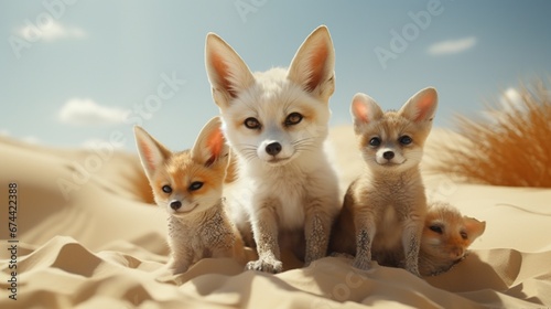 A Fennec Fox family playing together in the golden sand dunes.