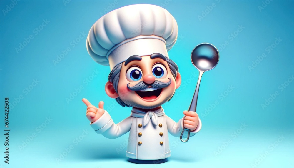 Cheerful Animated Movie-Style Chef Character with Exaggerated Features and Cooking Utensils, Ideal for Food Blogs Cheerful Animated Movie-Style Chef Character with Exaggerated Features and Cooking Utensils, Ideal for Food Blogs