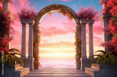 Pink gates paradise. Floral tree party wedding love. Generate Ai