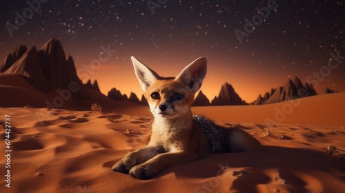 A Fennec Fox gazing at the starry night sky in the Sahara Desert.