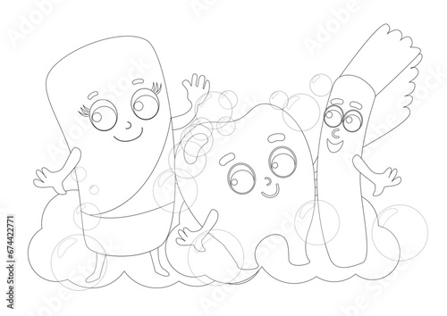 Coloring page. Funny tooth and toothbrush and toothpaste in toothpaste bubbles. The tooth is happy and smiling. Care and health of children's teeth.