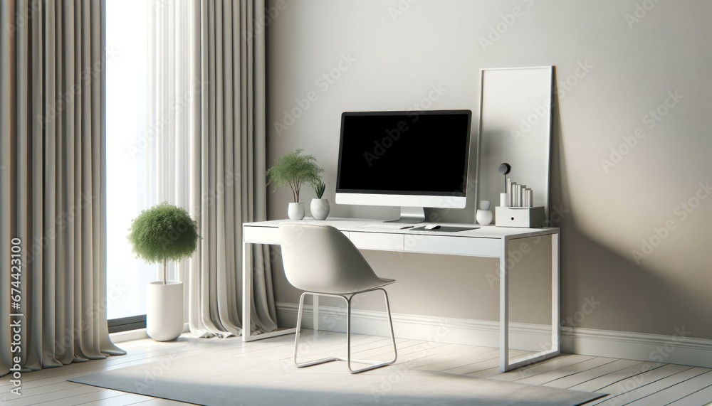 Contemporary Workspace with Green Plant Accent and Sheer Curtains in Sunlit Room