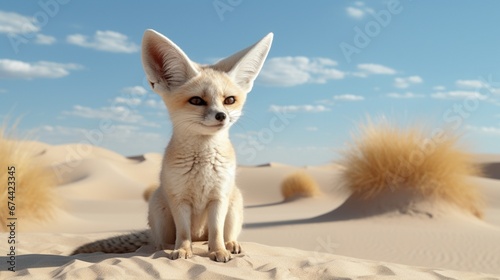 A Fennec Fox standing on its hind legs  looking out over the sand dunes.