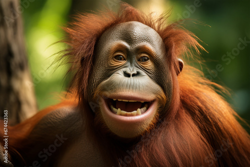 a cute orangutan is laughing