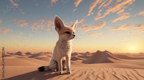 A Fennec Fox standing on its hind legs, looking out over the sand dunes.