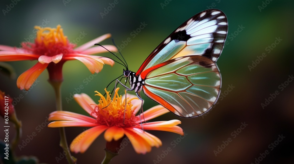 A Glasswing Butterfly delicately sipping nectar from a vibrant flower, the fine details of its semi-transparent wings visible in exquisite 8K clarity.