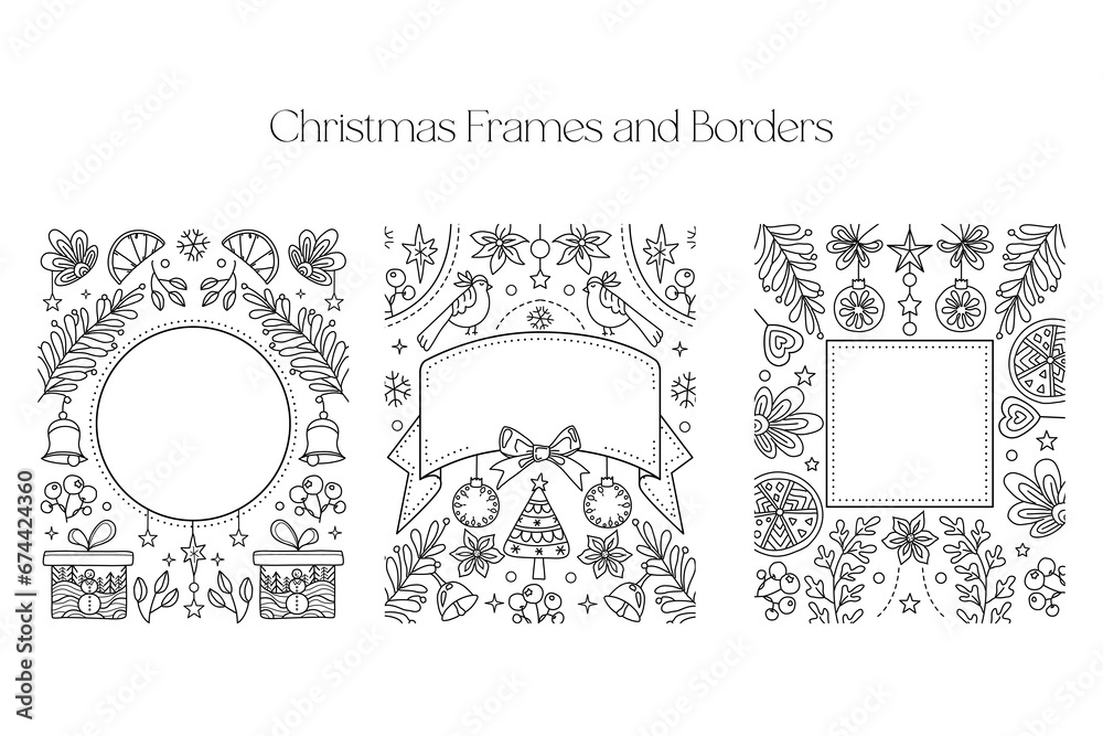 Christmas Frames and Borders set. Coloring page for kids and adults