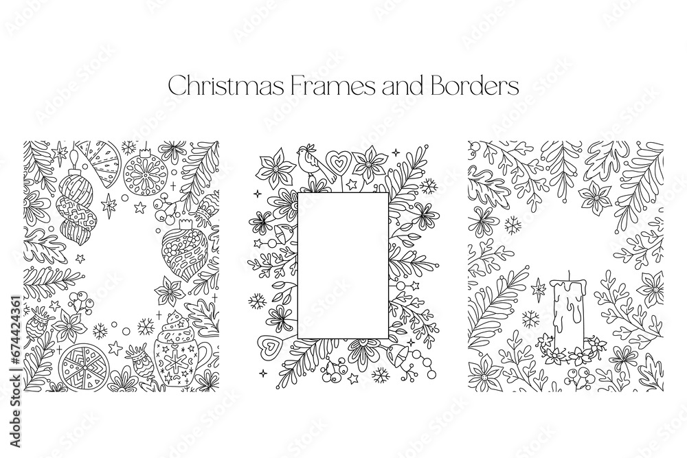 Christmas Frames and Borders set. Coloring page for kids and adults