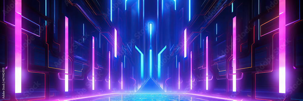 A vibrant corridor of abstract neon lights in cyberpunk aesthetic. The glowing blues and pinks create a virtual tunnel, reminiscent of futuristic technology or a digital metaverse.Banner soze - obrazy, fototapety, plakaty 