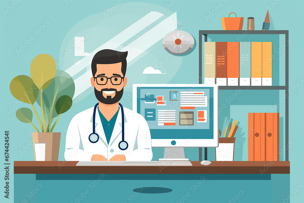 Friendly doctor at a modern workstation, symbolizing online medical consultations and healthcare technology. Friendly doctor at a modern workstation, symbolizing online medical consultations and healthcare technology.