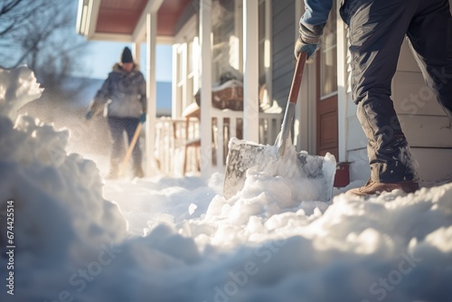 Unrecognizable persons and homeowners shoveling snow on pathway in front of house porch