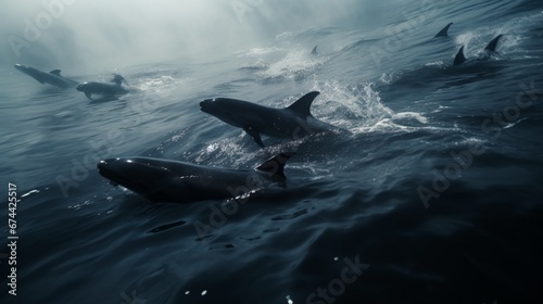 A group of Vaquitas emerging from the depths, their dorsal fins slicing through the water, in full ultra HD 8K, showcasing their agility. photo