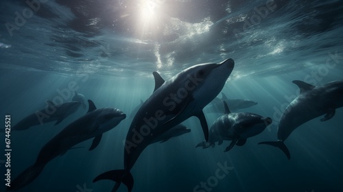 A group of Vaquitas emerging from the depths  their dorsal fins slicing through the water  in full ultra HD 8K  showcasing their agility.