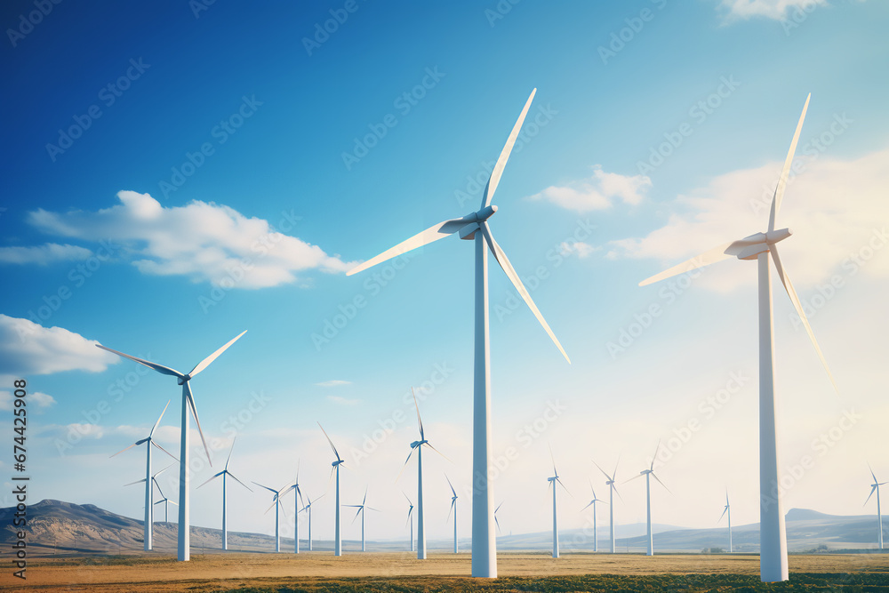 Majestic wind turbines stand tall against a clear blue sky, their blades rotating gracefully, showcasing sustainable energy production's efficiency