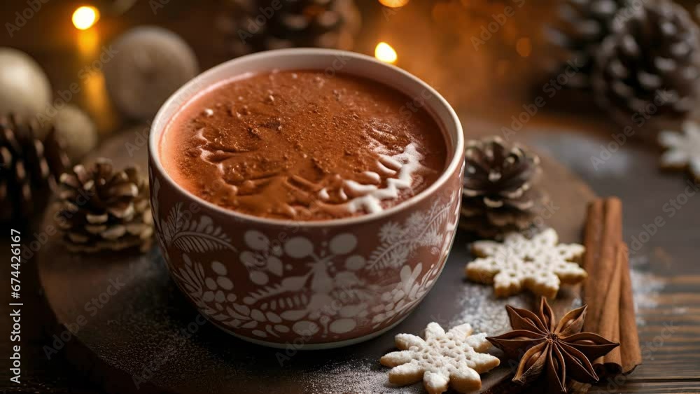 A closeup of a cup of hot cocoa with a dusting of cinnamon, but instead of traditional marshmallows, there are small, edible mandala designs, representing the beauty and balance of the universe. A closeup of a cup of hot cocoa with a dusting of cinnamon, but instead of traditional marshmallows, there are small, edible mandala designs, representing the beauty and balance of the universe.