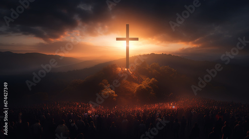 Persons walking to the safety of the Cross on a mountain photo