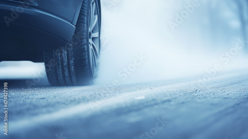 Winter tire. Car on snow road. Tires on snowy highway detail. © alexkich