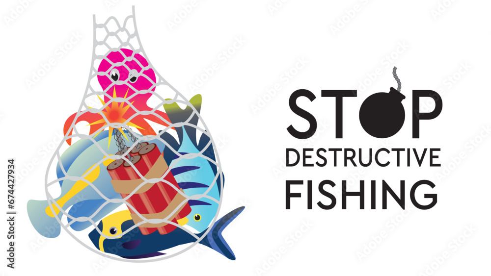 Fototapeta premium Stop Illegal and Destructive Fishing with bomb and dynamite icon vector illustration