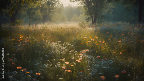 Spring graces the meadow with a burst of colorful wildflowers in the foreground and green trees in the distance. Powerful depiction of spring's beauty. © Piotr