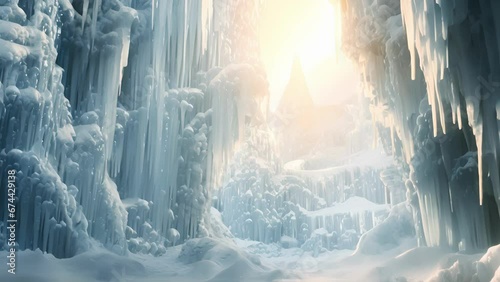 A closeup of a frozen waterfall, its icicles glistening in the sunlight and dd with delicate strings of white lights, resembling a majestic ice palace. photo