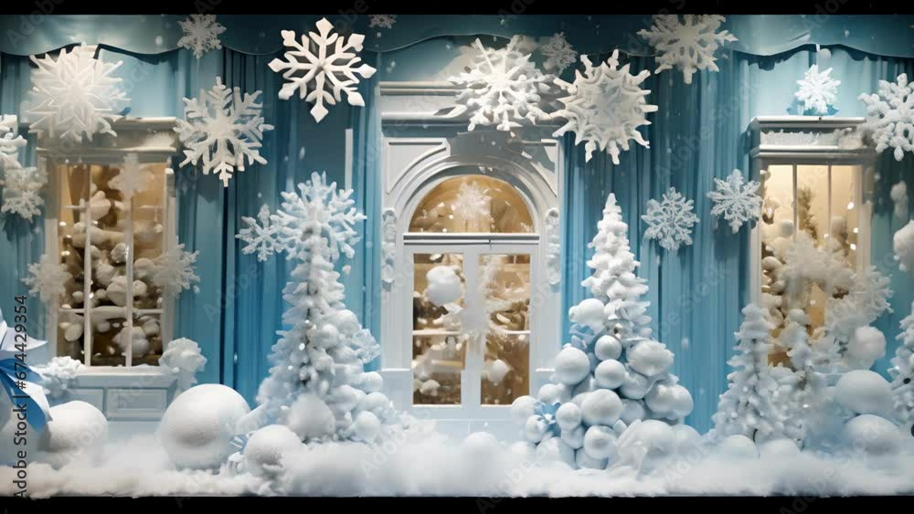 An intricate display of carefully arranged snowflakes and ribbons being added to a winter wonderland themed installation, adding a touch of magic to a town square.