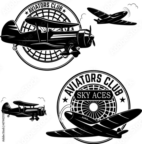 Set of aviators club labels. Retro planes. Design elements for logo, label, emblem, sign, brand mark. Vector illustration.