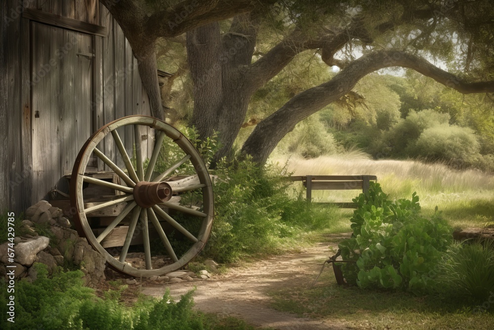 Obraz premium Rustic old wheel scene nature shot. Green garden grass travel wood. Generate Ai